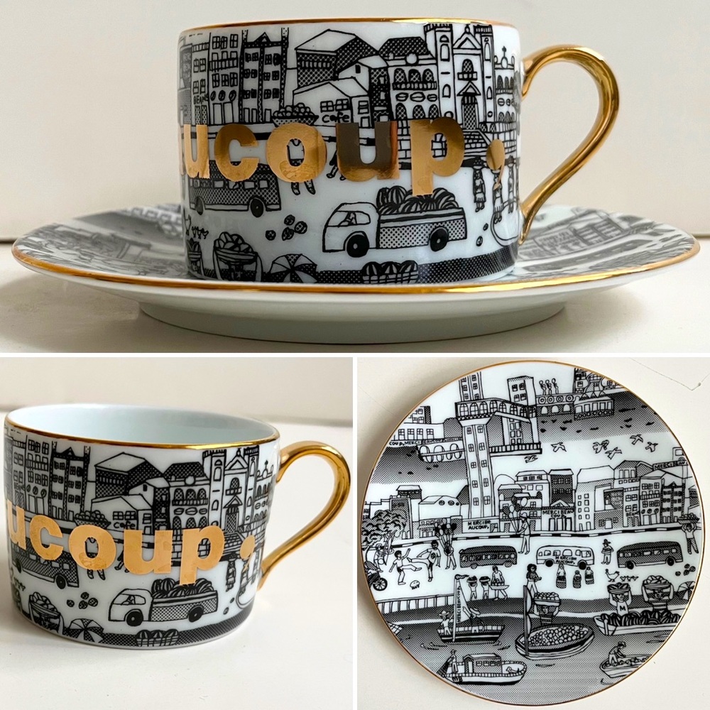 Tea Coffee Cup Saucer Plate "Mercibeaucoup" White Gold ,Japanese